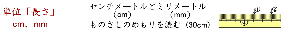 センチメートルとミリメートルの長さと単位（ｃｍ、ｍｍ）、ものさしのめもりを読む問題