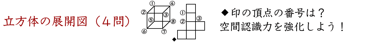 立方体の展開図（４問構成）、◆印の頂点の番号は？）