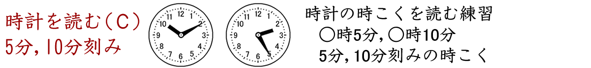 時計を読むドリルＣです。５分、１０分刻みの時刻を読む練習をします。