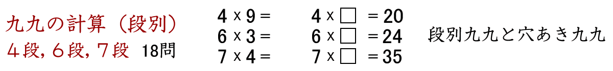 九九の段別計算（４段、６段、７段）と穴あき九九
