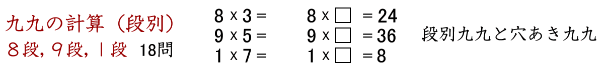 九九の段別計算（８段、９段、１段）と穴あき九九