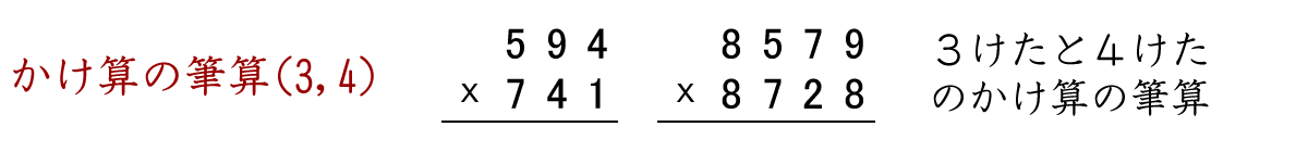 ３ケタと４ケタのかけ算の筆算です。