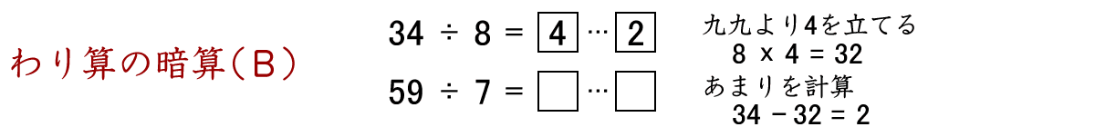 わり算の暗算（Ｂ）です。九九より商を立てたあとにあまりを計算します。かけ算とひき算を伴う計算になるので、計算力のアップに最適なドリルです。