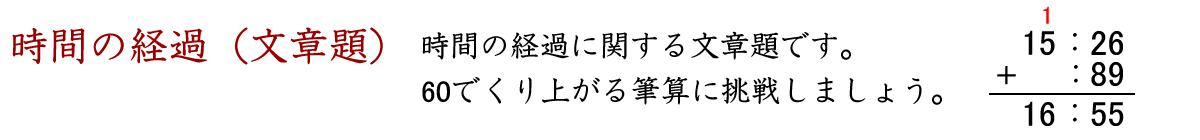 時間の経過に関する文章題です。６０でくり上がる筆算に挑戦しましょう！