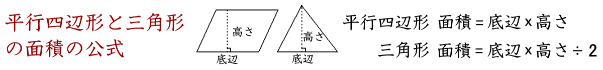 平行四辺形と三角形の面積を考えるドリルです。平行四辺形の面積＝底辺×高さ、三角形の面積＝底辺×高さ÷２です。