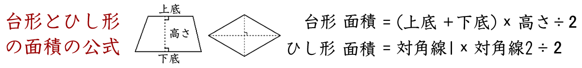 台形とひし形の面積の公式について考えます。台形の面積＝（上底＋下底）×高さ÷２、ひし形の面積＝対角線１×対角線２÷２です。