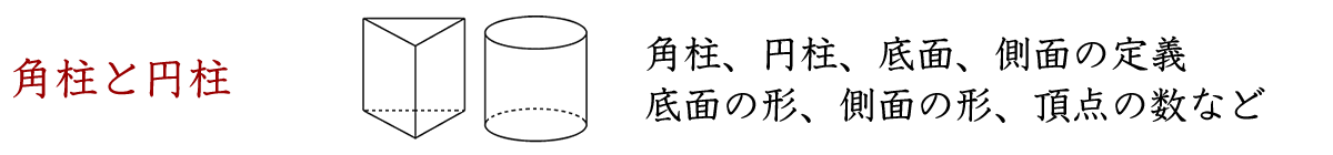 角柱や円柱の上下に向かい合った２つの面を底面、周りの面の側面といいます。角柱の側面の形は長方形か正方形になります。角柱の側面の数は底面の辺や頂点の数と同じになります。三角柱、四角柱、五角柱、六角中、円柱の頂点の数、側面の形、側面の数について表にまとめましょう。