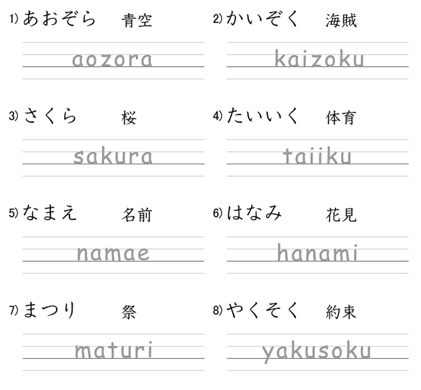 ローマ字の練習ドリルの例