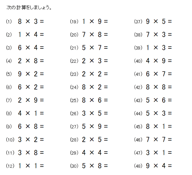 算数２年「九九の計算（全段）」